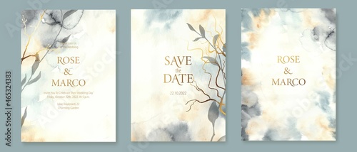 Foto Set of wedding cards, invitations with watercolor backgrounds and botanical elements