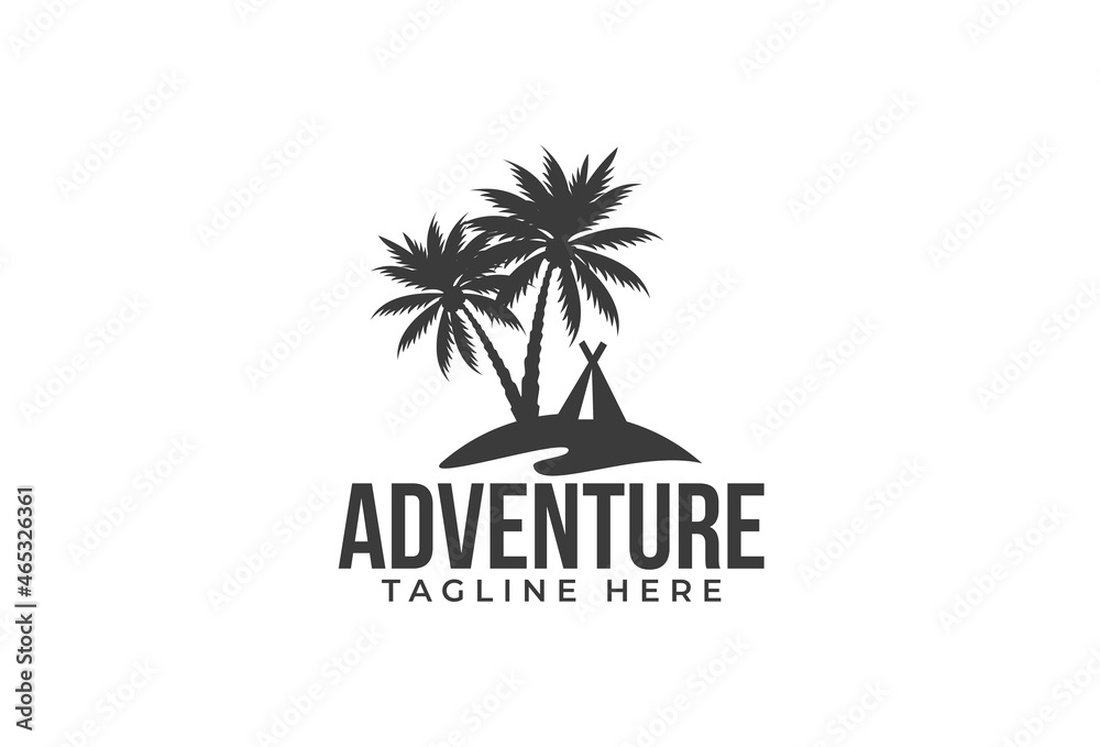 beach camp logo vector graphic with palm, tent, and island for any business.