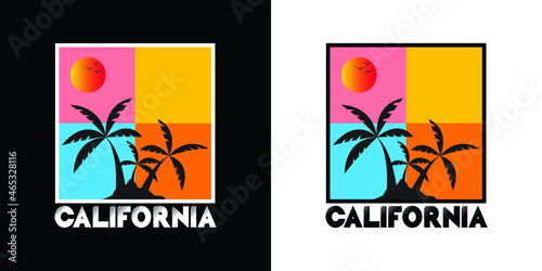 summer beach sunset in california t shirt design, vector, palm tree, sun