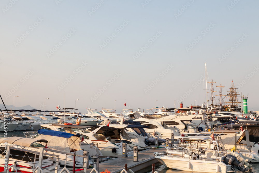 A lot yachts and boats in the port of Kemer, Turkey. Tourism and travel A lot yachts and boats in the port of Kemer, Turkey. Tourism and travel