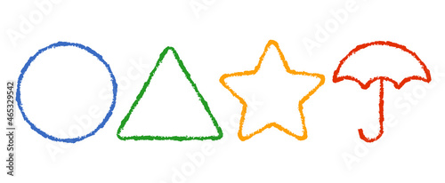 Vector icons of circle, triangle, star and umbrella in kids style on white background.