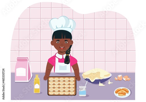 An African-American girl makes wheat dough cookies. Baking. Cooking. Pastry Chef. Concept of cooking at home or in the classroom. Cooking instruction or work at home. Vector. Cartoon drawing.