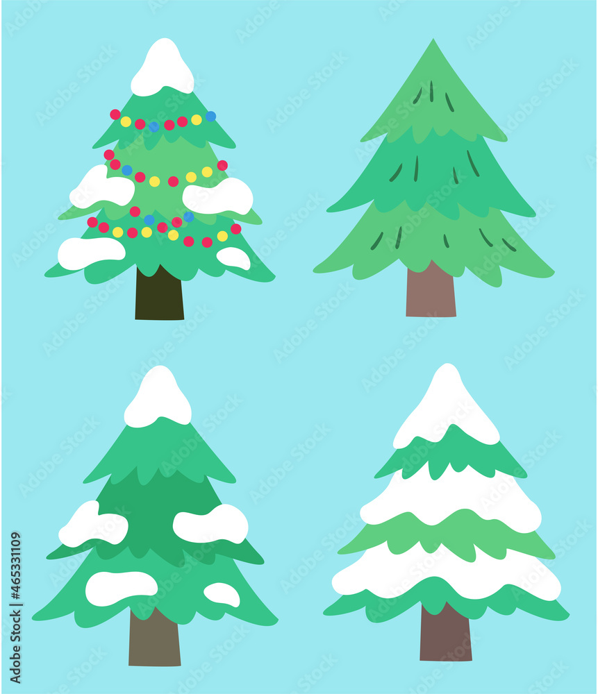 4 different types of Christmas trees, including hanging bulbs and snow.
