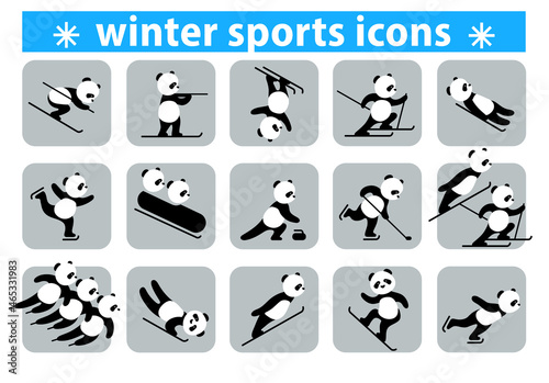 Winter sports icon set. Panda is skating, skiing, snowboarding. Olympic sports. Vector.