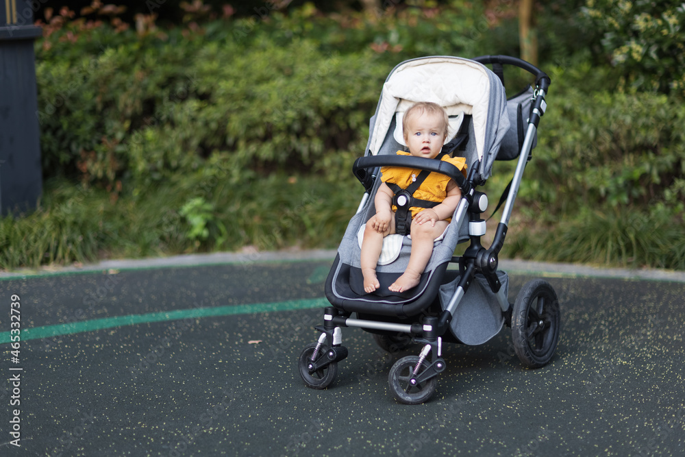 custom made wallpaper toronto digitalSweet caucasian baby girl ten months old sitting in stroller outdoors. Little child in pram. Infant kid sits in pushchair. Summer walks with kids. Family leisure with little child.