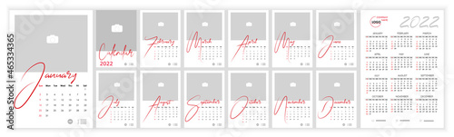 Wall Monthly Photo Calendar 2022. Simple monthly vertical photo calendar Layout for 2022 year in English. Cover Calendar, 12 months templates. Week starts from Monday. Vector illustration