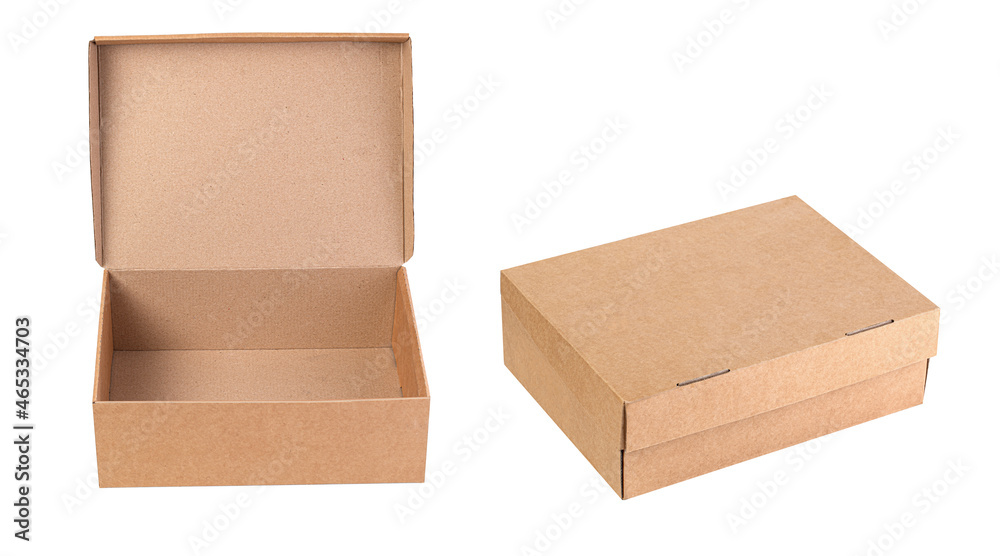 Brown kraft paper box isolated on white - obrazy, fototapety, plakaty 
