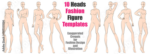 10 Heads Fashion Figure Templates. Exaggerated Croquis for Fashion Design and Illustration. Vector Illustration