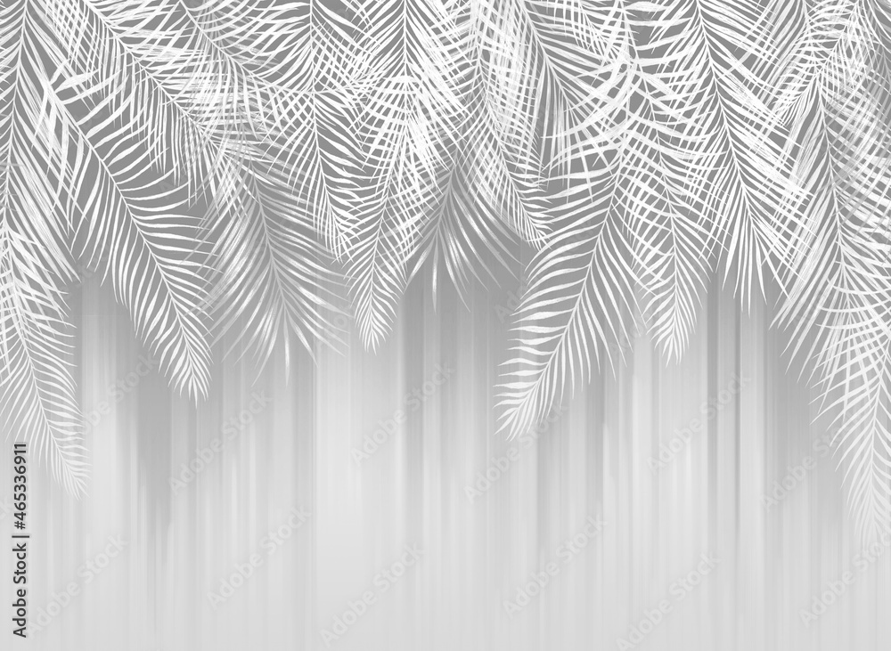 Leaves on a gray background. Tropical painted branches. Decorative drawing, wallpaper for the bedroom. Fresco for the interior. - obrazy, fototapety, plakaty 