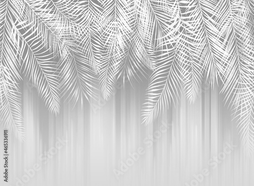 Leaves on a gray background. Tropical painted branches. Decorative drawing, wallpaper for the bedroom. Fresco for the interior. © antura