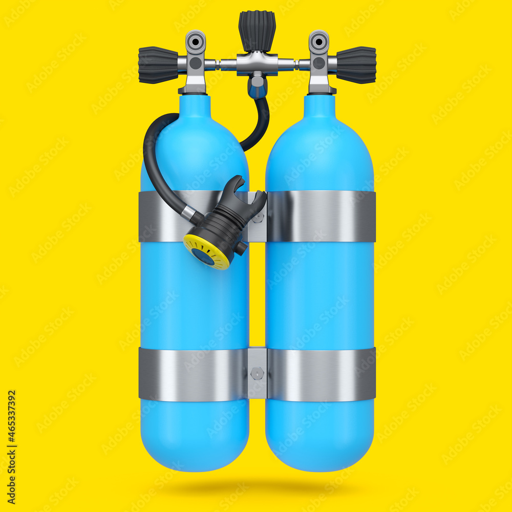 Blue diving tanks or balloons full oxygen for snorkeling isolated on a yellow Blue diving tanks or balloons full oxygen for snorkeling isolated on a yellow