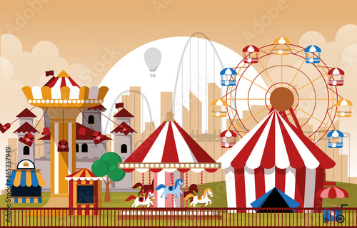 Sun Amusement Park Fun Fair Carnival Flat Vector Illustration