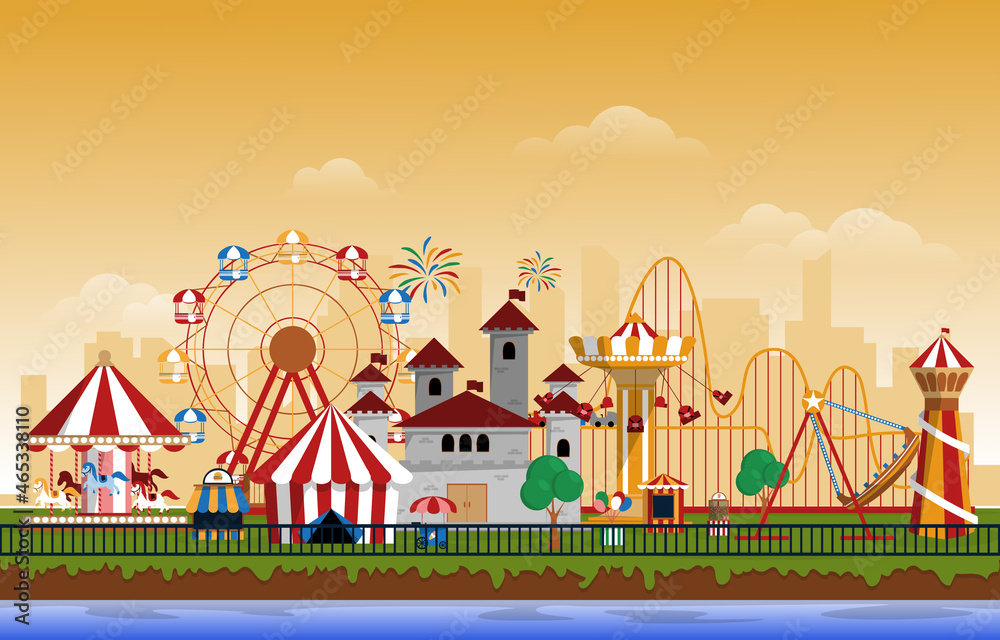 Amusement Park Rides Fun Fair Carnival Flat Vector Illustration Amusement Park Rides Fun Fair Carnival Flat Vector Illustration