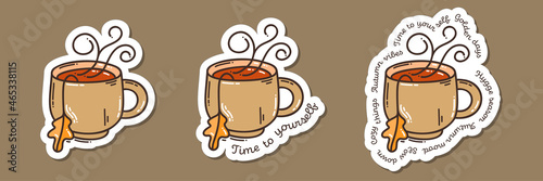 Colorful hand-drawn autumn mood stickers set with a cup of tea in doodle style isolated on white background. Cute vector collection for seasonal decoration.