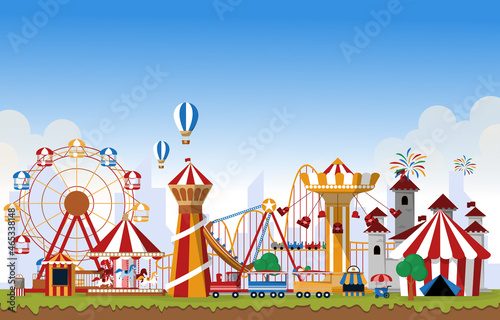 Amusement Park Rides Fun Fair Carnival Flat Vector Illustration