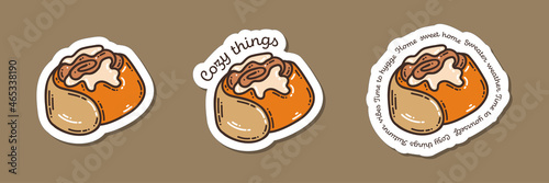 Colorful hand-drawn autumn mood stickers set with a cinnamon bun in doodle style isolated on white background. Cute vector collection for seasonal decoration.