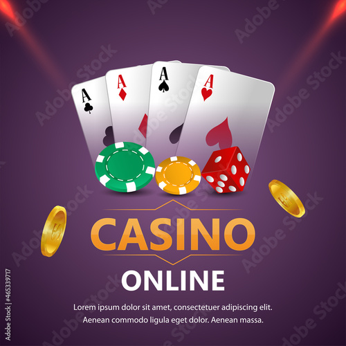 Casino gambling game with golden text and playing cards and casino slot