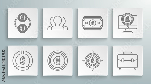 Set line Coin money with dollar symbol, Users group, euro, Target, Briefcase, Stacks paper cash, Computer monitor pound sterling and Money exchange icon. Vector