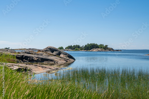 The rocky view of Porkkalanniemi and view to the Gulf of Finland and island on the background  Finland