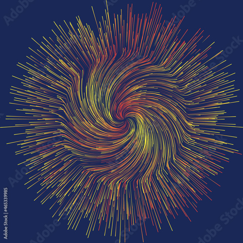 Abstract color dynamic circle background. Glowing burst particles on dark background.