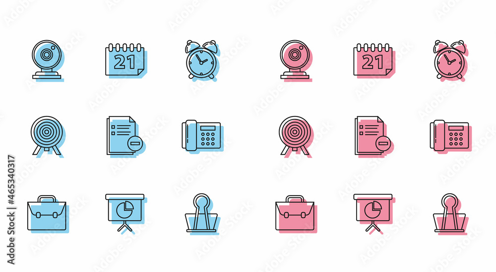 Set line Briefcase, Presentation financial board with graph, schedule, chart, diagram, infographic, pie graph, Web camera, Binder clip, Document minus, Telephone, Target and Calendar icon. Vector Set line Briefcase, Presentation financial board with graph, schedule, chart, diagram, infographic, pie graph, Web camera, Binder clip, Document minus, Telephone, Target and Calendar icon. Vector