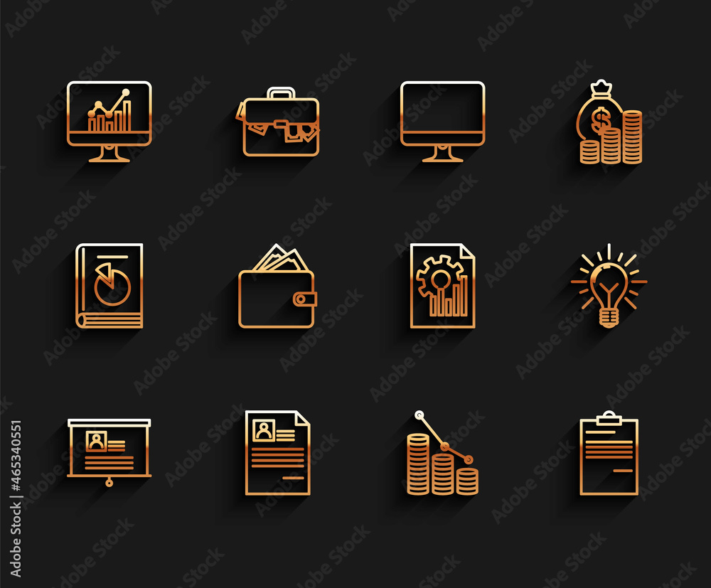 Set line Board with resume, Resume, Computer monitor graph chart, Pie infographic and coin, Document, Wallet stacks paper money cash, Light bulb rays shine concept of idea and icon. Vector Set line Board with resume, Resume, Computer monitor graph chart, Pie infographic and coin, Document, Wallet stacks paper money cash, Light bulb rays shine concept of idea and icon. Vector