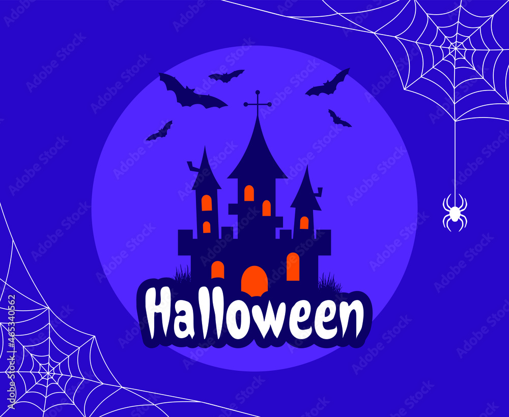 Castle, bats and full moon with white cobweb frame on a purple background. Halloween flat illustration