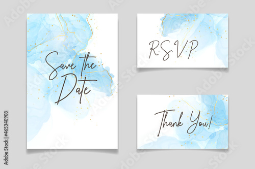 Abstract turquoise and teal blue liquid marbled watercolor background with wave pattern and golden cracks. Cyan alcohol ink marbled drawing effect. Vector illustration design template for invitation