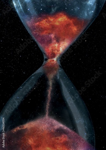 Hourglass in galaxy with milky way inside. Time in spcae. Science fiction artwork and cover graphic for Physics, Astronomy and Spaceships. Big Bang Theory.