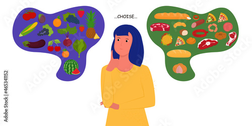 Vector poster on the theme of food selection. The girl's choice between healthy and unhealthy food.	