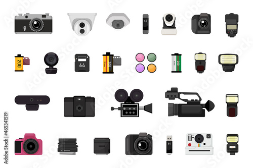 Collection of photo and video equipment in flat style. Cameras and accessories.