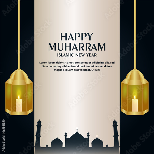 Happy muharram celebration greeting card with golden lantern