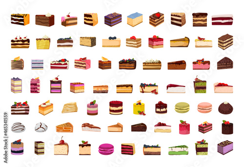 Big set of cakes, pastries and cheesecakes. Vector illustrations of sweets isolated on white background.