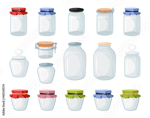 Set of glass jars for pickled products on a white background.