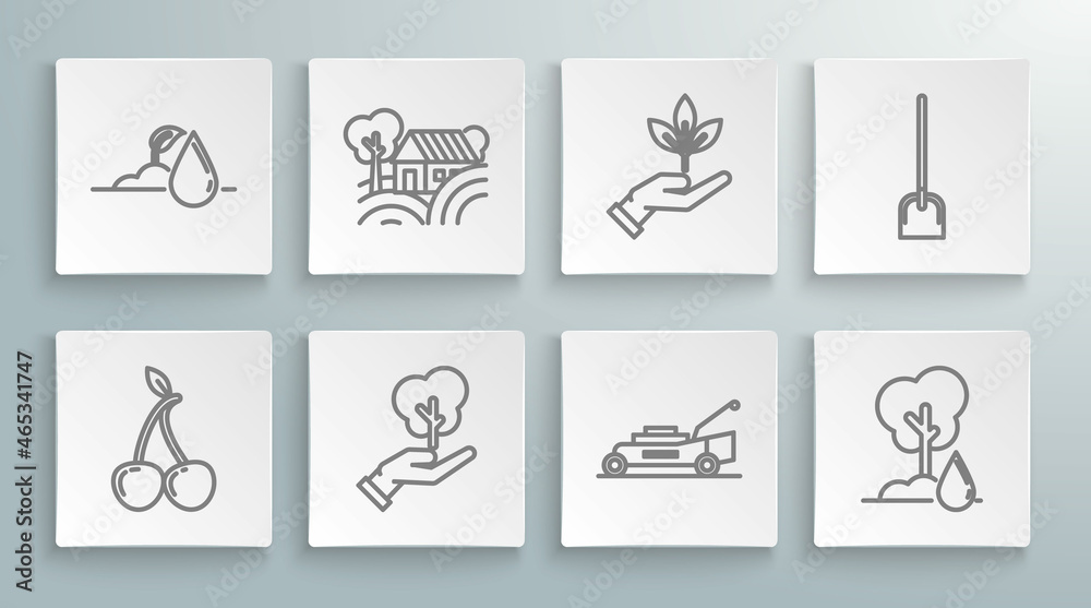 Set line Cherry, Farm House concept, Tree in hand of environmental protection, Lawn mower, Watering, Plant, Shovel and sprout icon. Vector