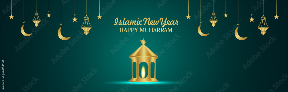Fototapeta premium Islamic new year happy muharram banner with realistic gold moon and lantern