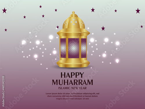 Happy muharram vector illustration with golden lantern and moon