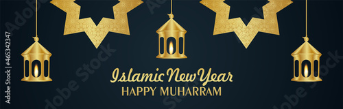 Creative vector illustration of happy muharram banner with golden lantern