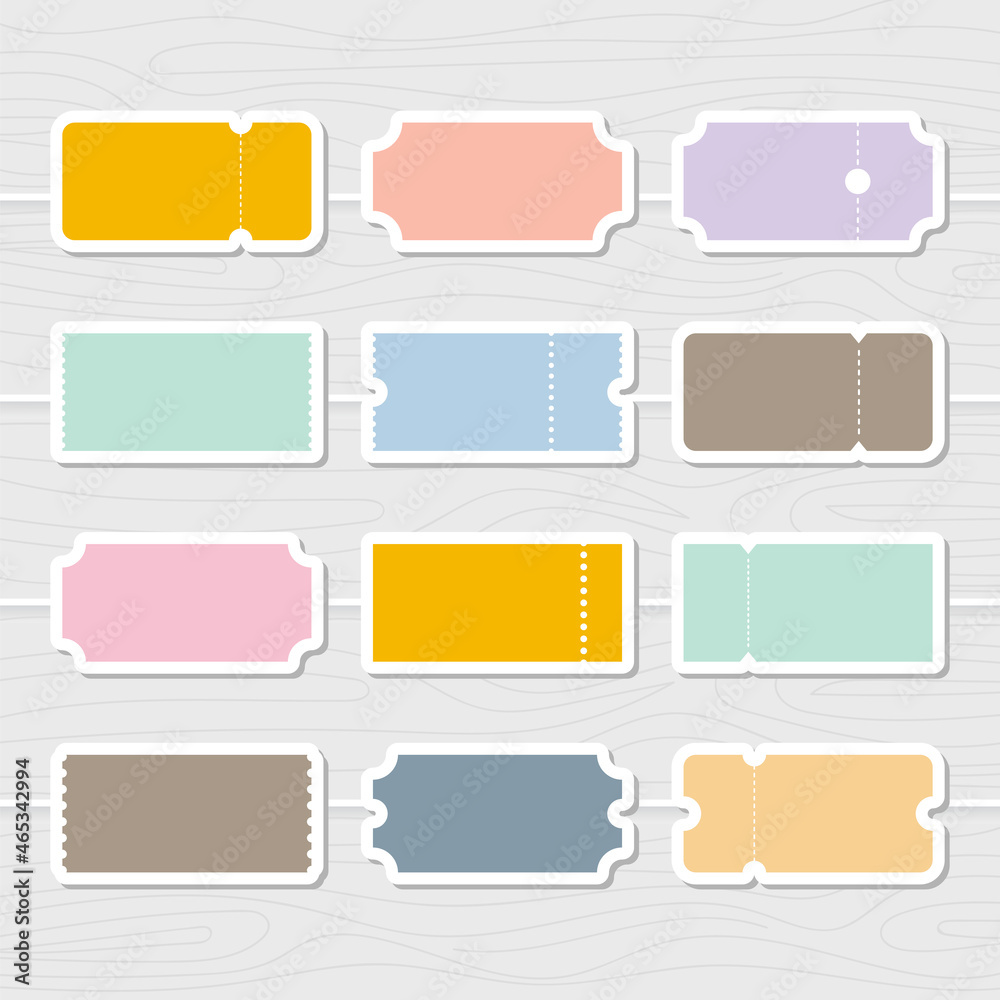 Blank tickets. Set of vector templates entry tickets. Discount, sale, coupons with ruffle edges. Concert, cinema cards