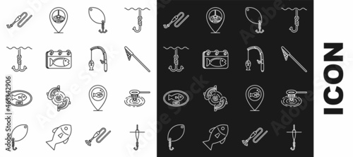 Set line Fishing hook and float, net water, spoon, Calendar with fish, under, line and rod icon. Vector
