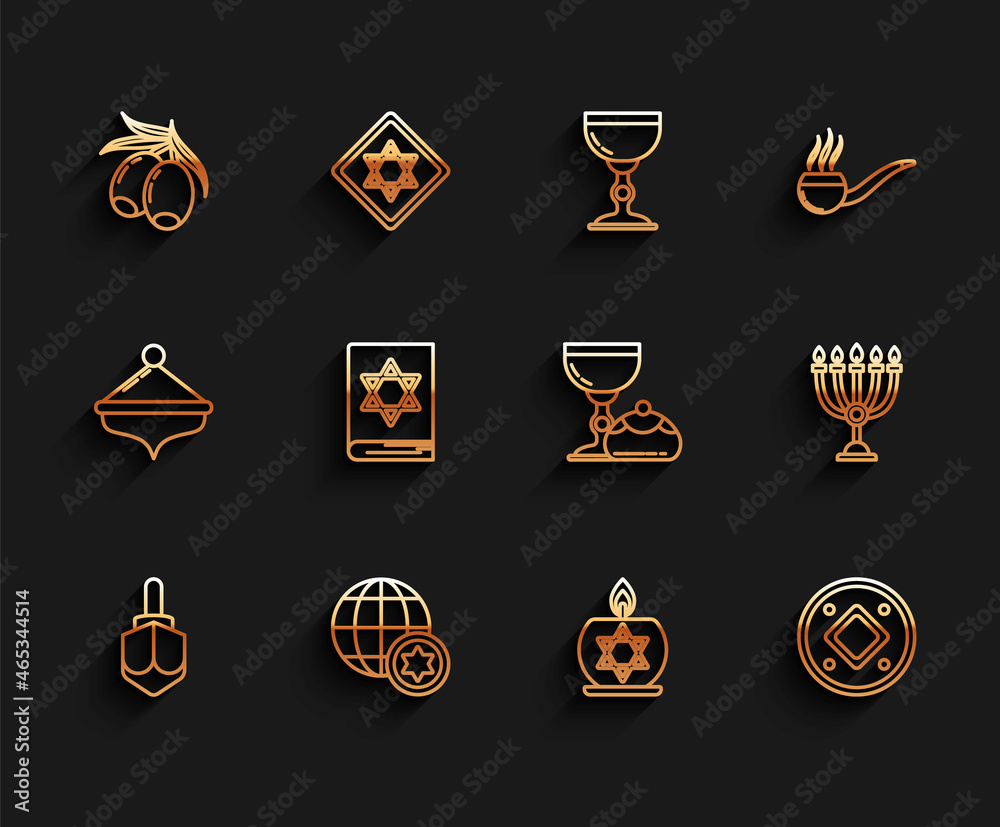 Set line Hanukkah dreidel, World Globe and Israel, Olives branch, Burning candle in candlestick with star of david, Jewish coin, torah book, menorah and goblet hanukkah sufganiyot icon. Vector Set line Hanukkah dreidel, World Globe and Israel, Olives branch, Burning candle in candlestick with star of david, Jewish coin, torah book, menorah and goblet hanukkah sufganiyot icon. Vector