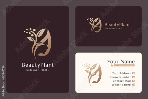 beautiful face with leaf logo design in gold color.