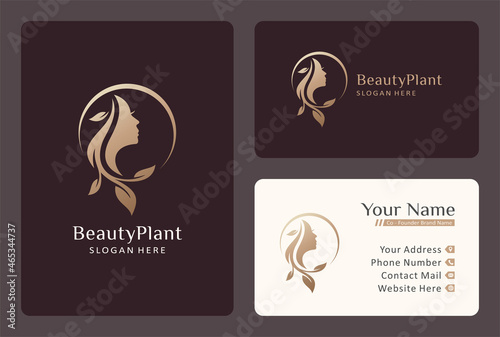 natural hair nutrition logo design, beautiful face chime with leaf symbol.