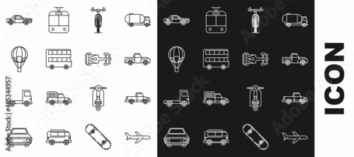 Set line Plane, Pickup truck, Bicycle, Double decker bus, Hot air balloon, Sedan car and Formula race icon. Vector