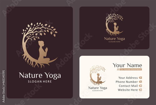yoga logo design under banyan tree in gold color.