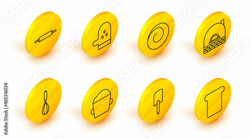 Set line Bread toast, Spatula, Bakery bowl dough, Kitchen whisk, Brick stove, Roll bun with cinnamon, Oven glove and Rolling pin icon. Vector