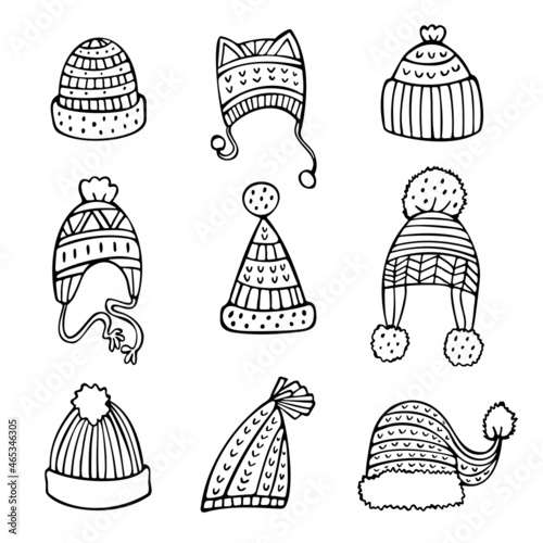 Doodle set of black knitted hats isolated on white background. Cute hand-drawn headwear for Christmas illustration.