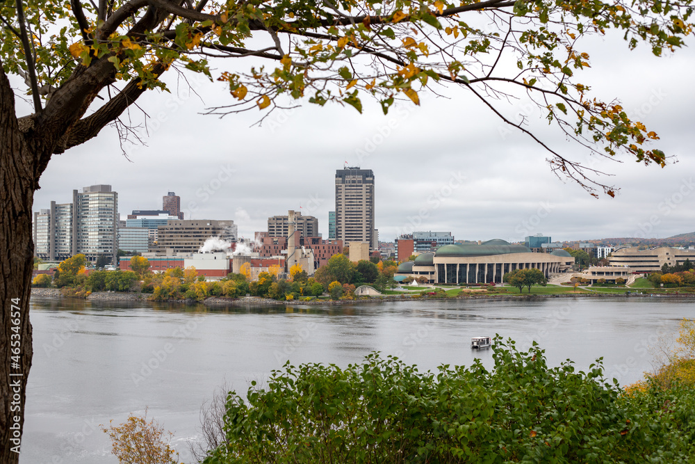 Panoramic view of Ottawa River and Gatineau city of Quebec in Canada from Major's Hill Park in autumn