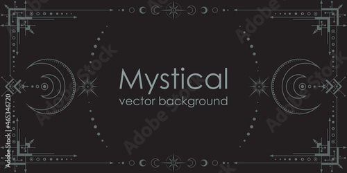 Dark boho background with a copy space. Mystical poster with an ornate geometric frame, outline crescents, linear stars and moon phases. Magical contour banner in black color with a place for text