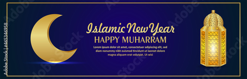 Happy muharram islamic new year celebration banner with realistic golden lantern